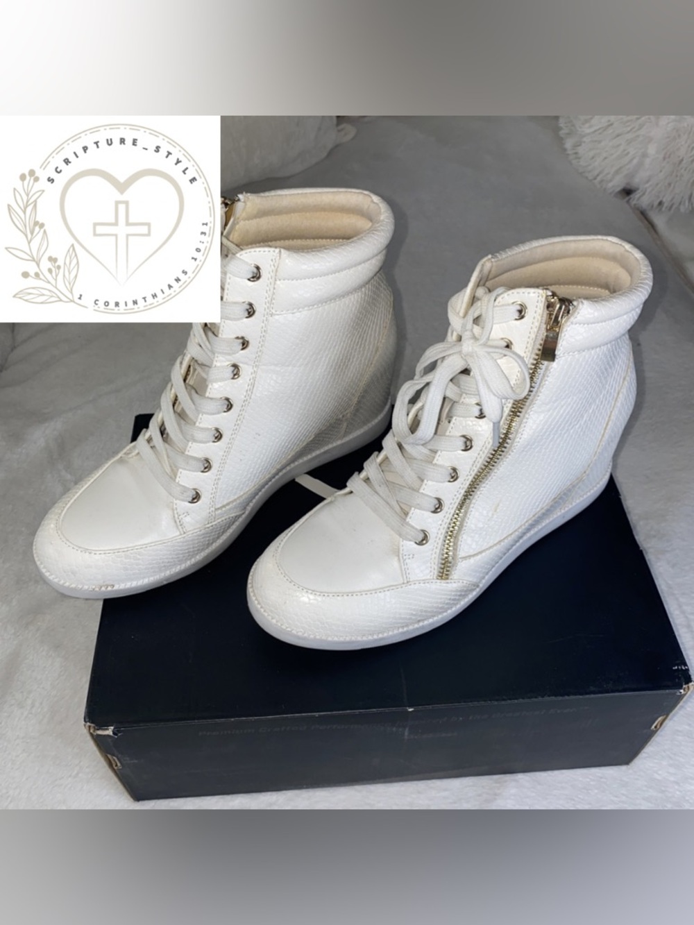 Shoe Dazzle White High-Top Wedge Sneakers with Side Zip